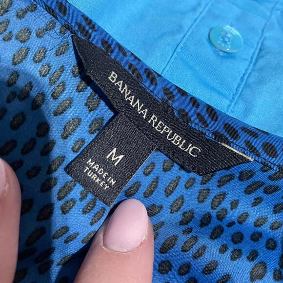 Banana Republic 3/4 Sleeve Satin Print Blouse Puff Sleeve Blue Black Medium - Picture 3 of 5